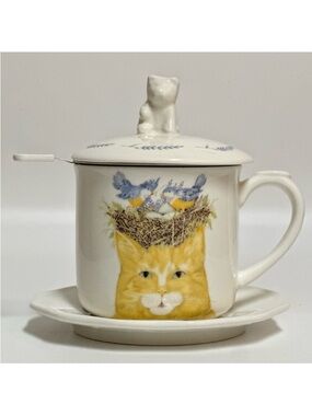 Creative Co-Op Cat Bird Nest Tea Mug Set Mary Lake-Thompson Infuser Dish